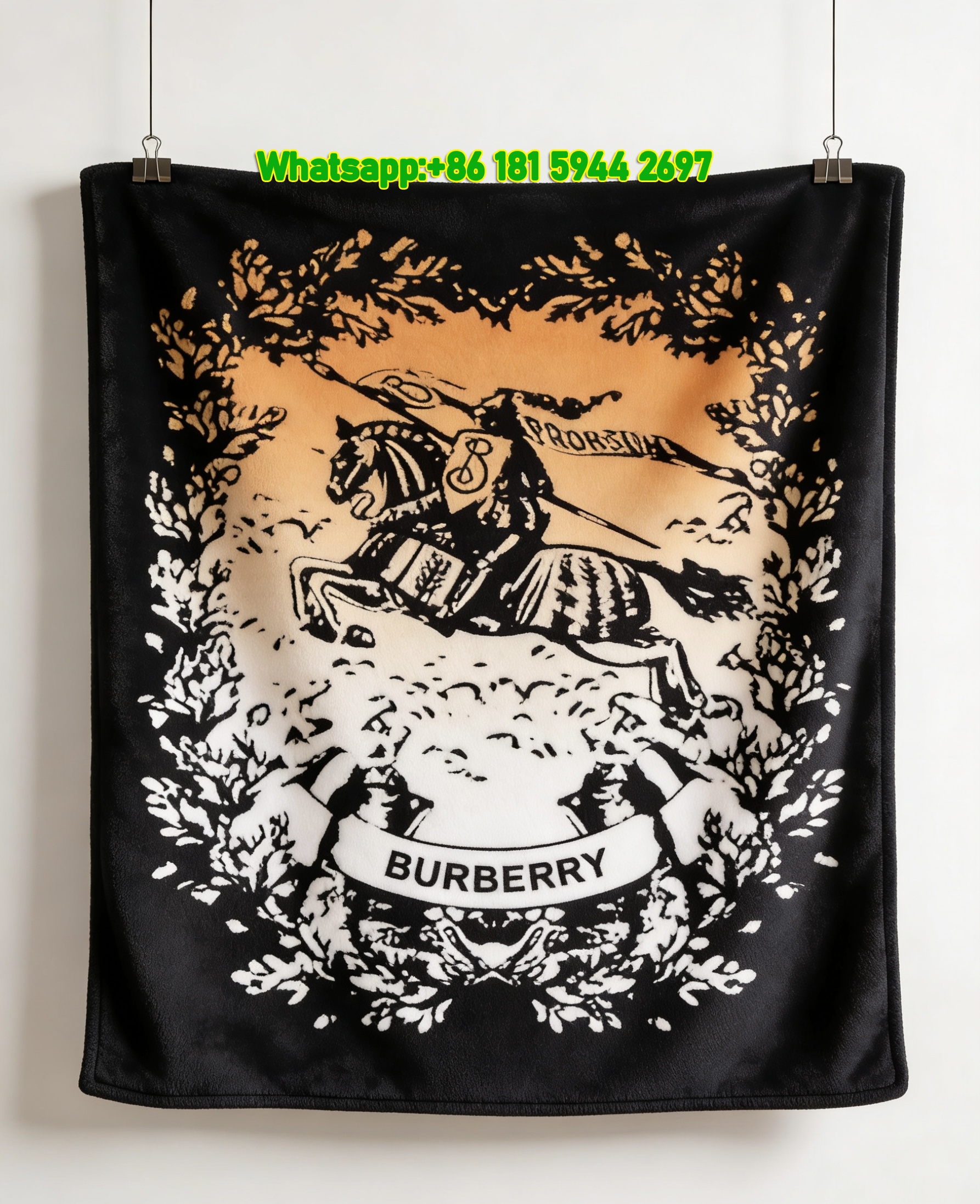Burberry Equestrian Knight Crest Laurel Flannel Sofa Throw Blanket B034
